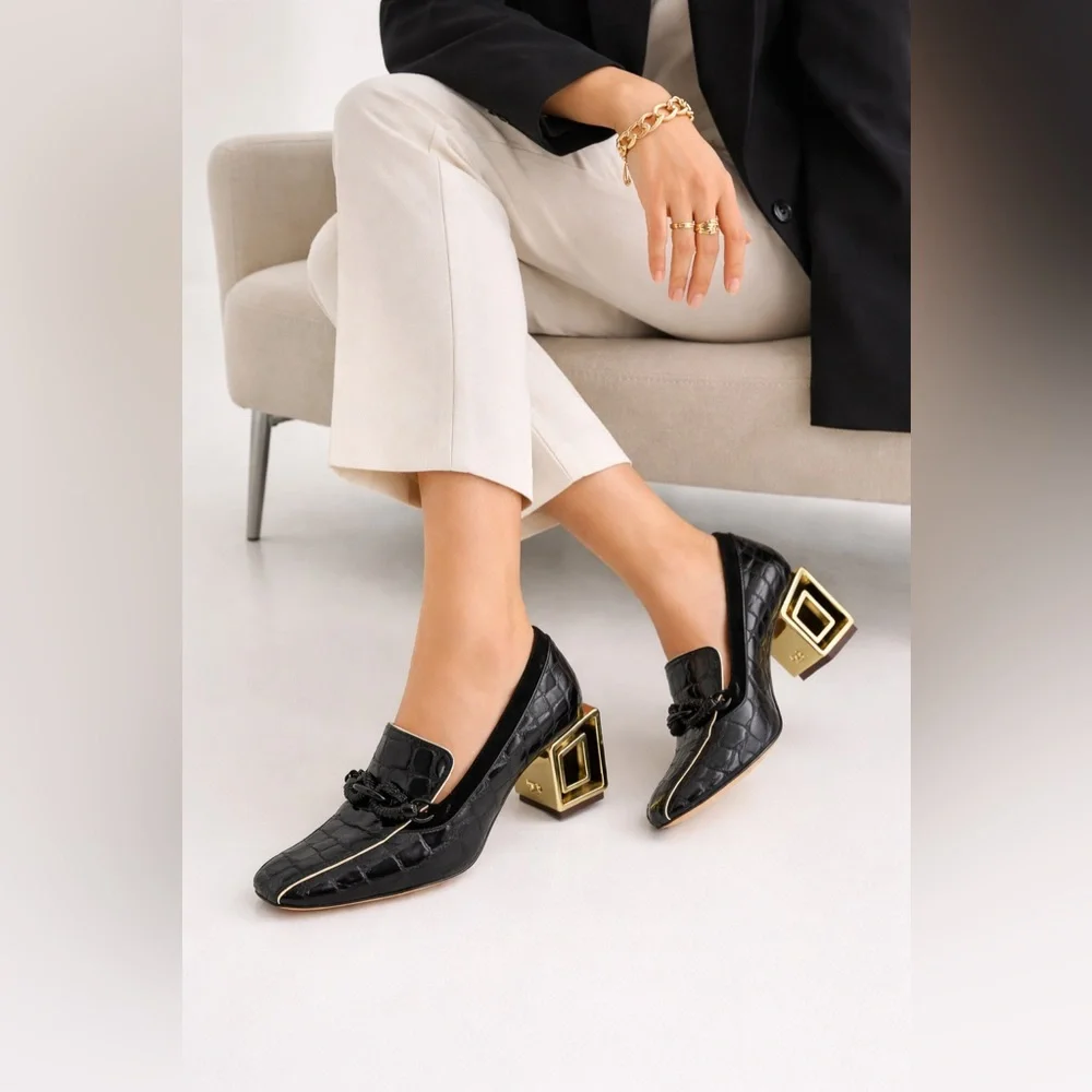 Tory Burch Jessa Black Croc Texture Square Toe Loafers Gold Architectural Heel